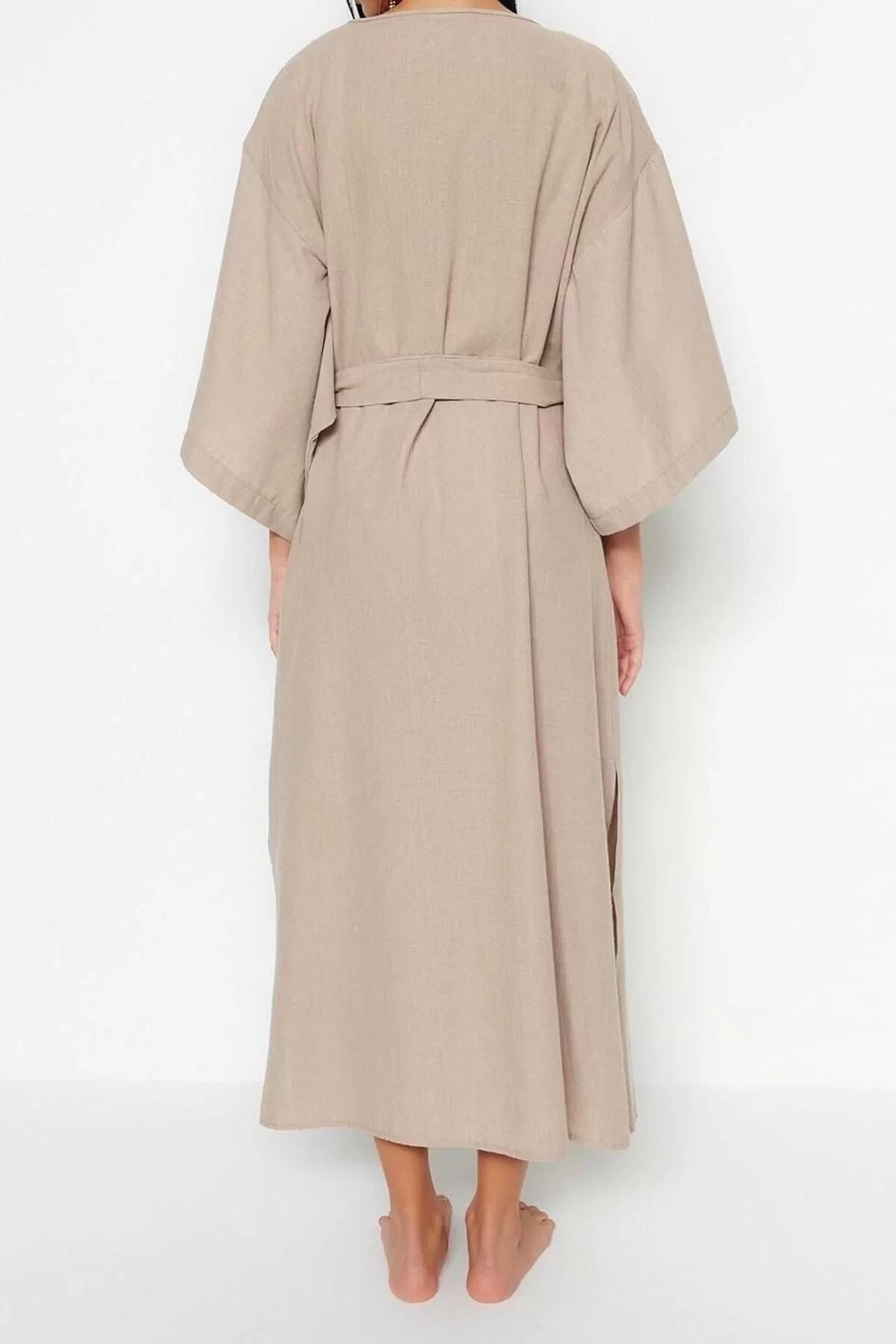 Fashion Woven Regular Pattern Midi V Neck Spanish Sleeve Linen Look Basic Plain Pattern Kimono Kaftan