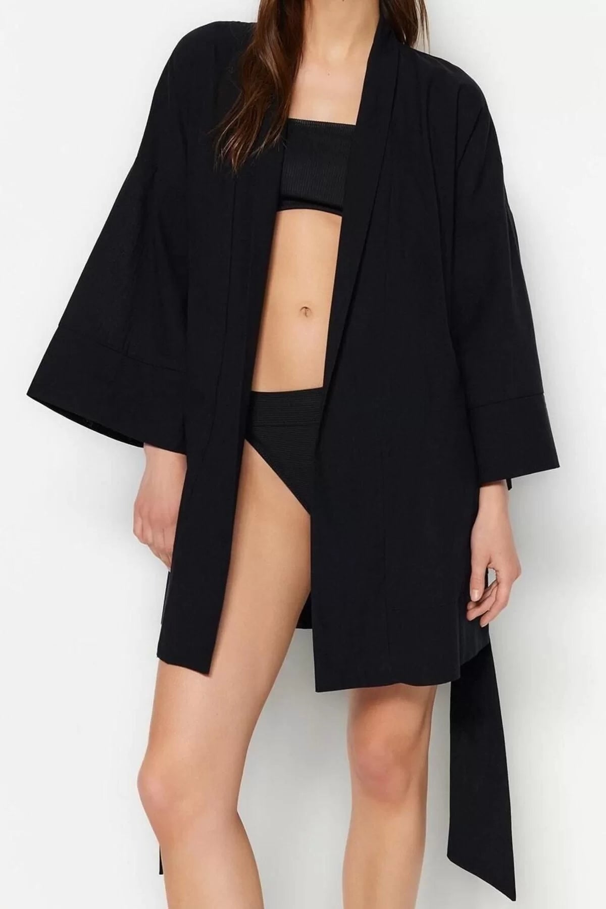 Fashion Woven Comfortable Pattern Long Shawl Collar Standard Sleeve Flamed Cotton Basic Plain Pattern Kimono Kaftan