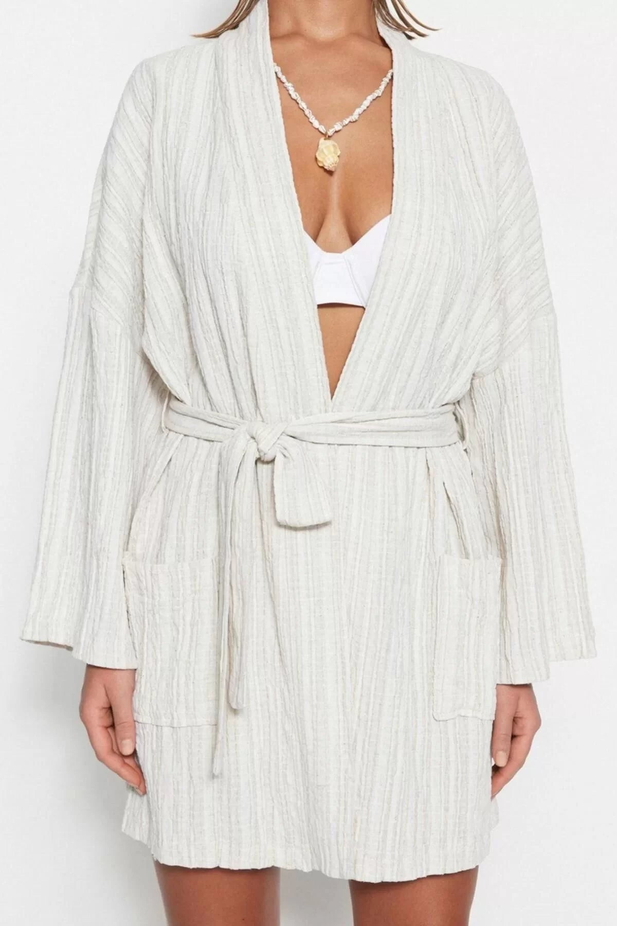 Fashion Woven Regular Pattern Mini Shawl Collar Standard Sleeve Linen Blend Basic Plain Pattern Kimono Kaftan