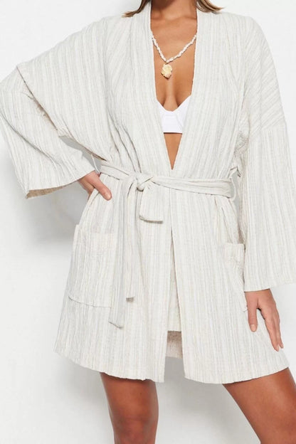 Fashion Woven Regular Pattern Mini Shawl Collar Standard Sleeve Linen Blend Basic Plain Pattern Kimono Kaftan