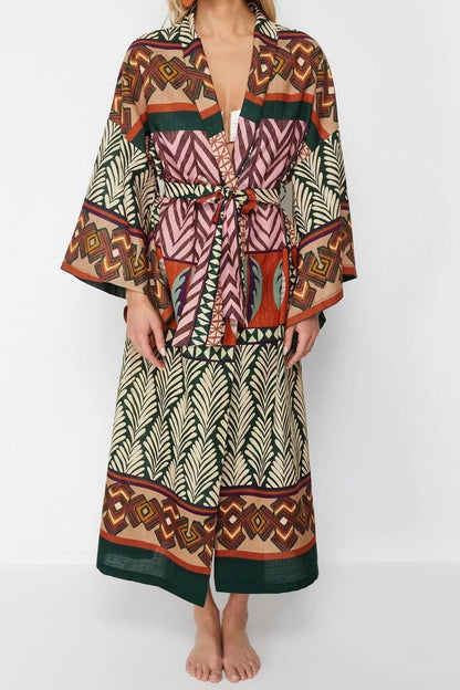 Fashion Woven Regular Pattern Regular V Neck Standard Sleeve Flamed Cotton Basic Ethnic Pattern Kimono Kaftan