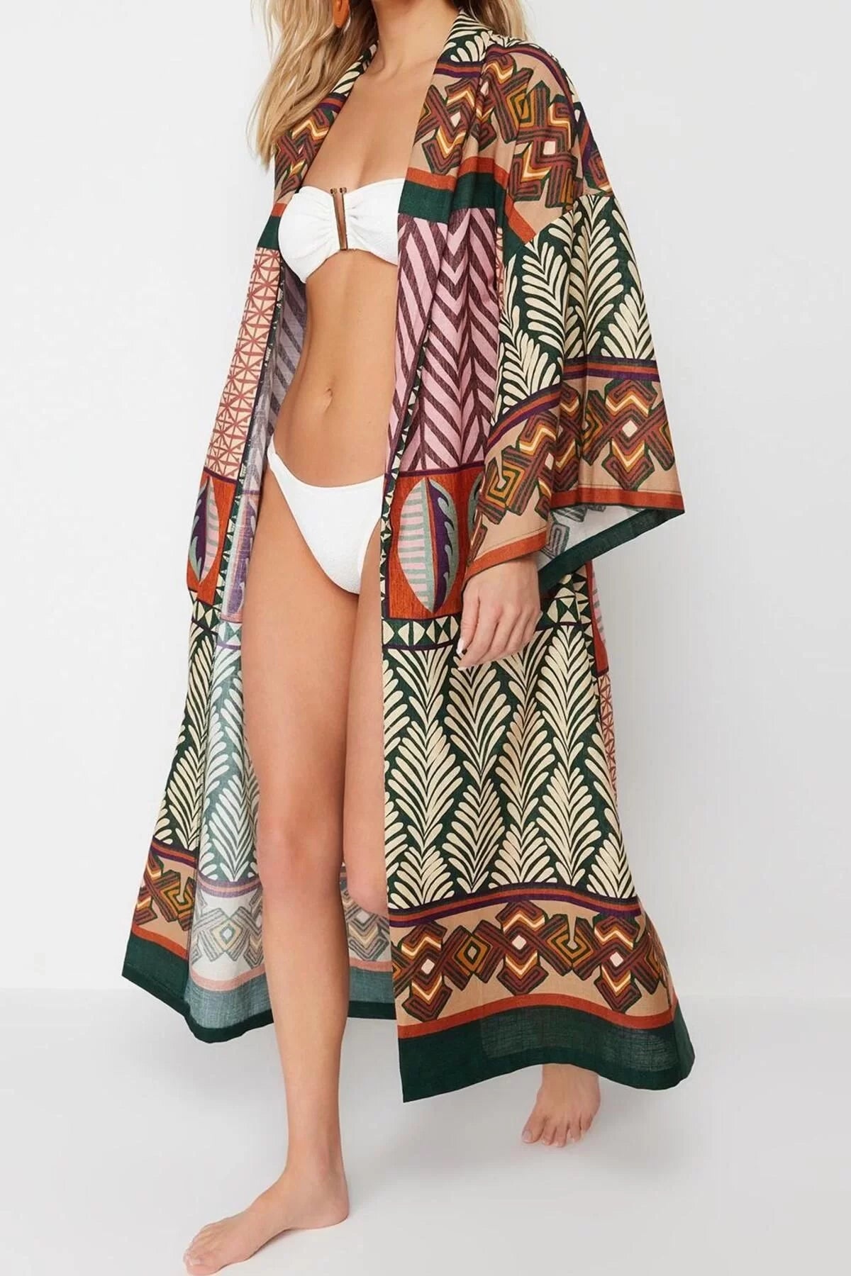 Fashion Woven Regular Pattern Regular V Neck Standard Sleeve Flamed Cotton Basic Ethnic Pattern Kimono Kaftan