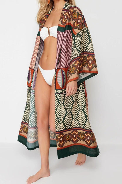 Fashion Woven Regular Pattern Regular V Neck Standard Sleeve Flamed Cotton Basic Ethnic Pattern Kimono Kaftan