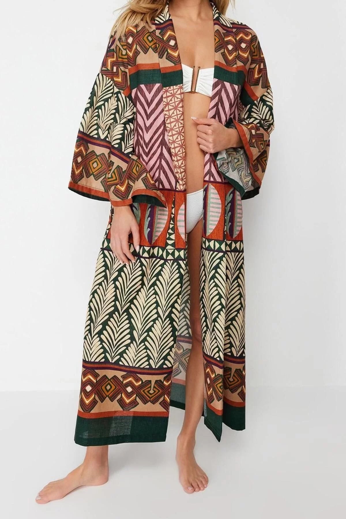 Fashion Woven Regular Pattern Regular V Neck Standard Sleeve Flamed Cotton Basic Ethnic Pattern Kimono Kaftan