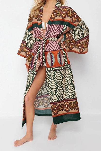 Fashion Woven Regular Pattern Regular V Neck Standard Sleeve Flamed Cotton Basic Ethnic Pattern Kimono Kaftan