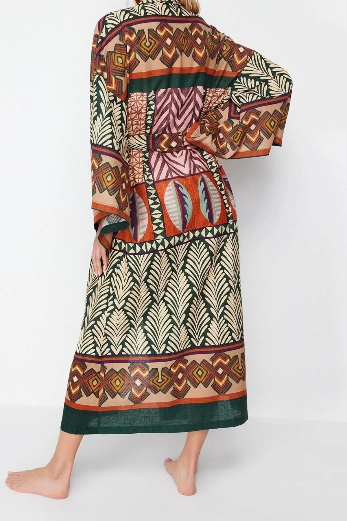 Fashion Woven Regular Pattern Regular V Neck Standard Sleeve Flamed Cotton Basic Ethnic Pattern Kimono Kaftan