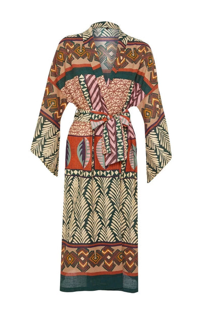 Fashion Woven Regular Pattern Regular V Neck Standard Sleeve Flamed Cotton Basic Ethnic Pattern Kimono Kaftan