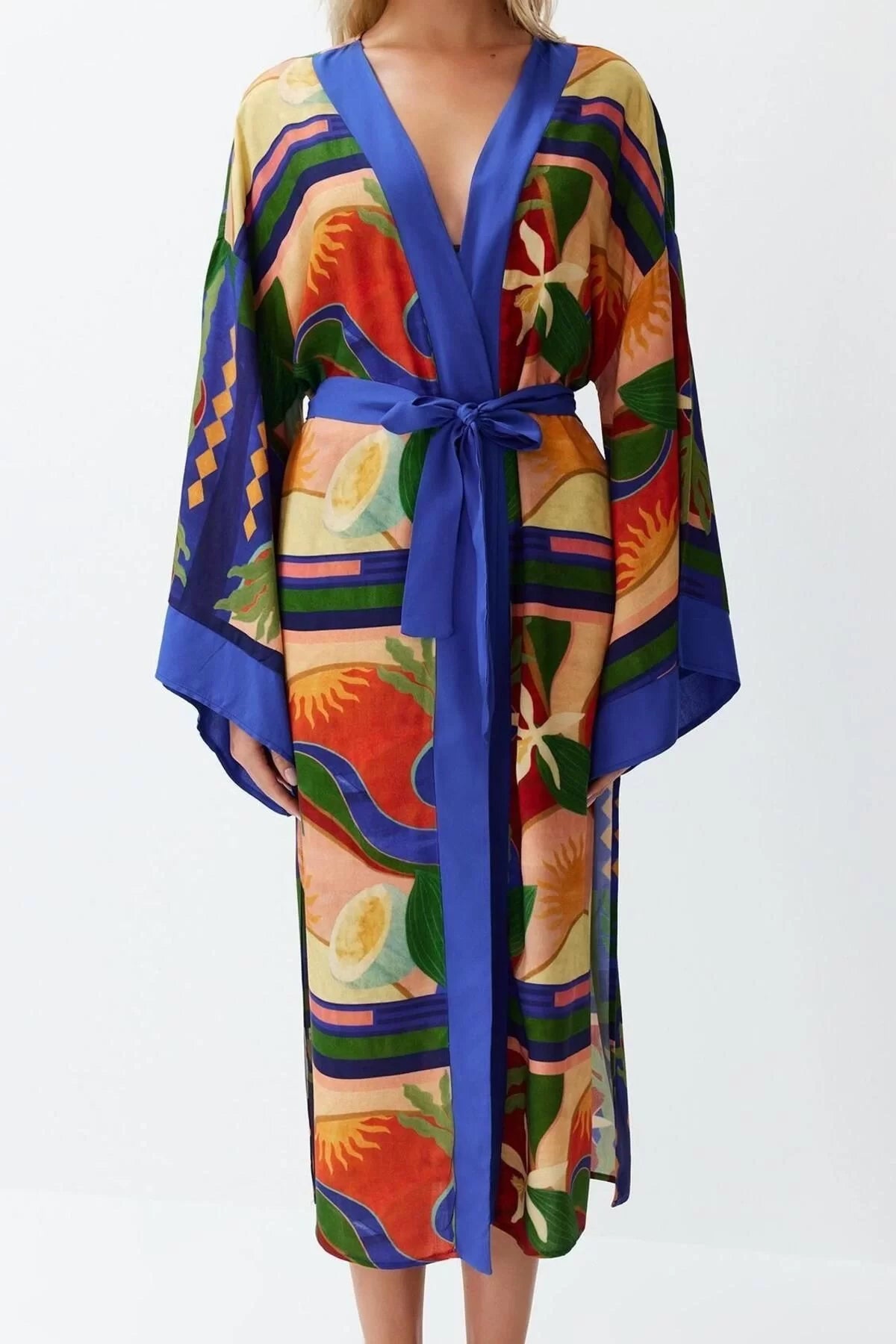 Fashion Woven Regular Fit Long Double Breasted Standard Sleeve Shally Double Breasted Abstract Pattern Kimono Kaftan