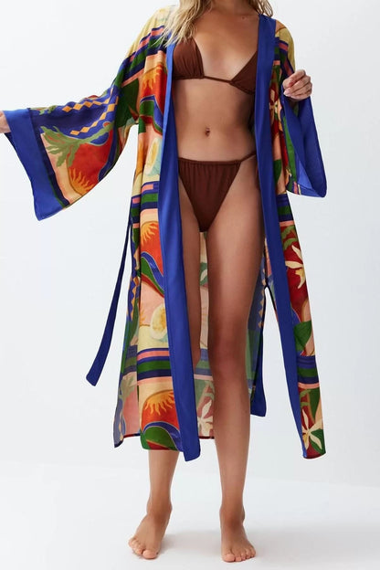 Fashion Woven Regular Fit Long Double Breasted Standard Sleeve Shally Double Breasted Abstract Pattern Kimono Kaftan