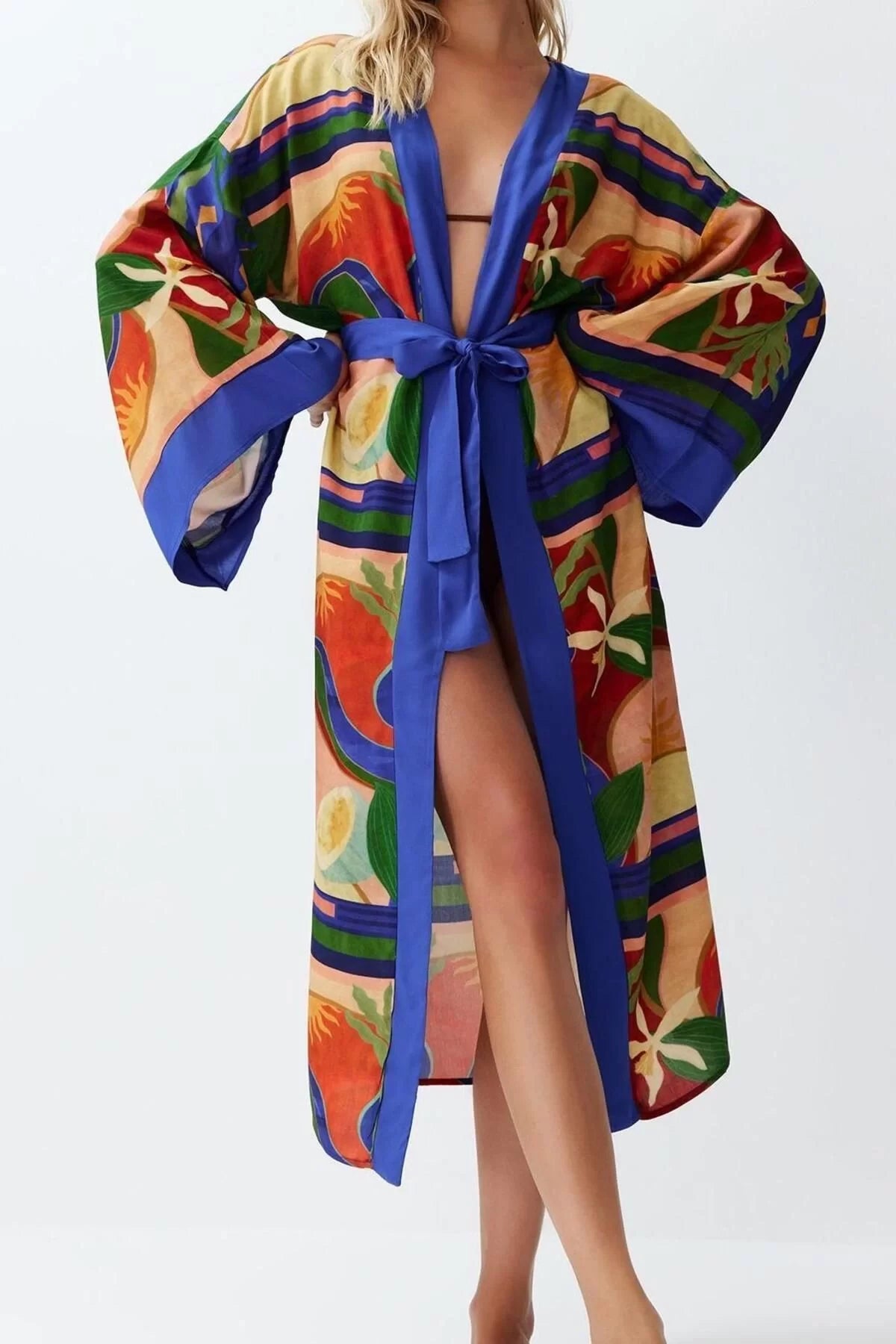 Fashion Woven Regular Fit Long Double Breasted Standard Sleeve Shally Double Breasted Abstract Pattern Kimono Kaftan