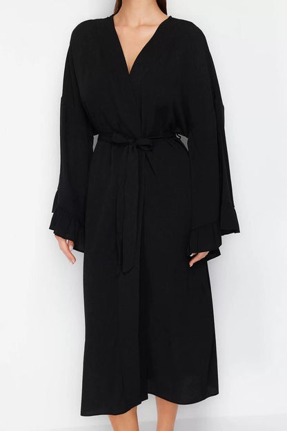 Fashion Woven Regular Fit Long V Neck Regular Sleeve Flamed Cotton Skirt Ruffle Plain Pattern Kimono Kaftan