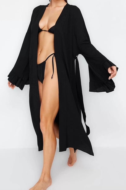 Fashion Woven Regular Fit Long V Neck Regular Sleeve Flamed Cotton Skirt Ruffle Plain Pattern Kimono Kaftan