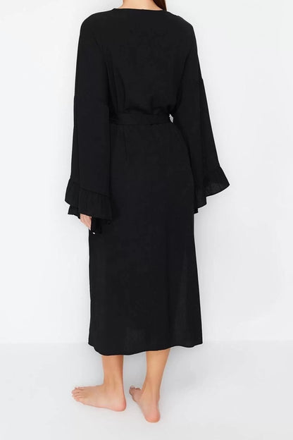 Fashion Woven Regular Fit Long V Neck Regular Sleeve Flamed Cotton Skirt Ruffle Plain Pattern Kimono Kaftan