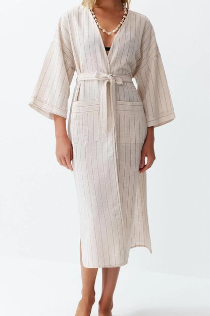 Fashion Woven Regular Fit Long Double Breasted Long Sleeve Linen Blend Double Breasted Striped Pattern Kimono Kaftan