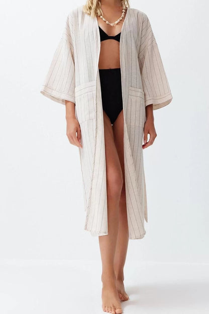 Fashion Woven Regular Fit Long Double Breasted Long Sleeve Linen Blend Double Breasted Striped Pattern Kimono Kaftan