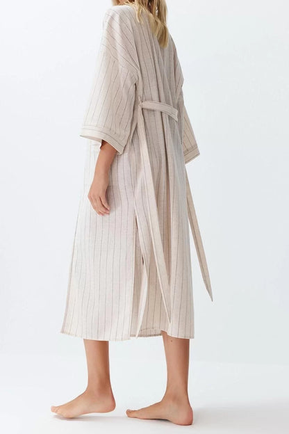 Fashion Woven Regular Fit Long Double Breasted Long Sleeve Linen Blend Double Breasted Striped Pattern Kimono Kaftan