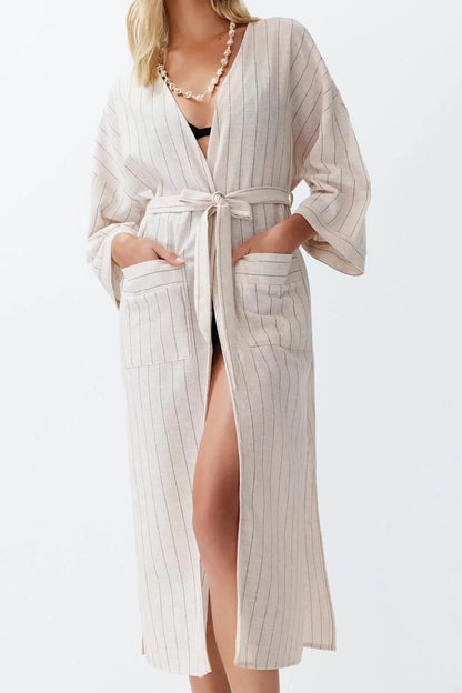 Fashion Woven Regular Fit Long Double Breasted Long Sleeve Linen Blend Double Breasted Striped Pattern Kimono Kaftan