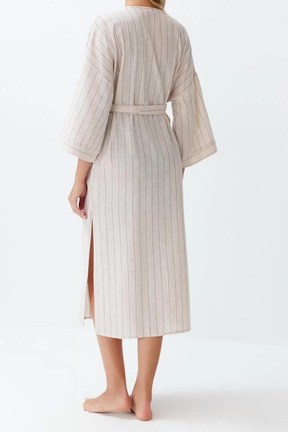 Fashion Woven Regular Fit Long Double Breasted Long Sleeve Linen Blend Double Breasted Striped Pattern Kimono Kaftan