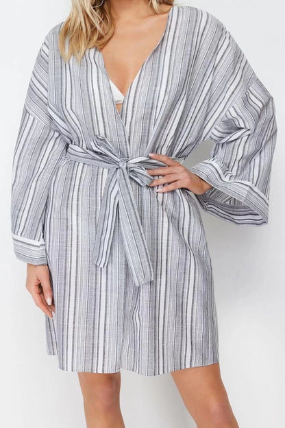 Fashion Woven Oversize Pattern Long V Neck Regular Sleeve Yarn Dyed Flamed Pam Basic Kimono Kaftan