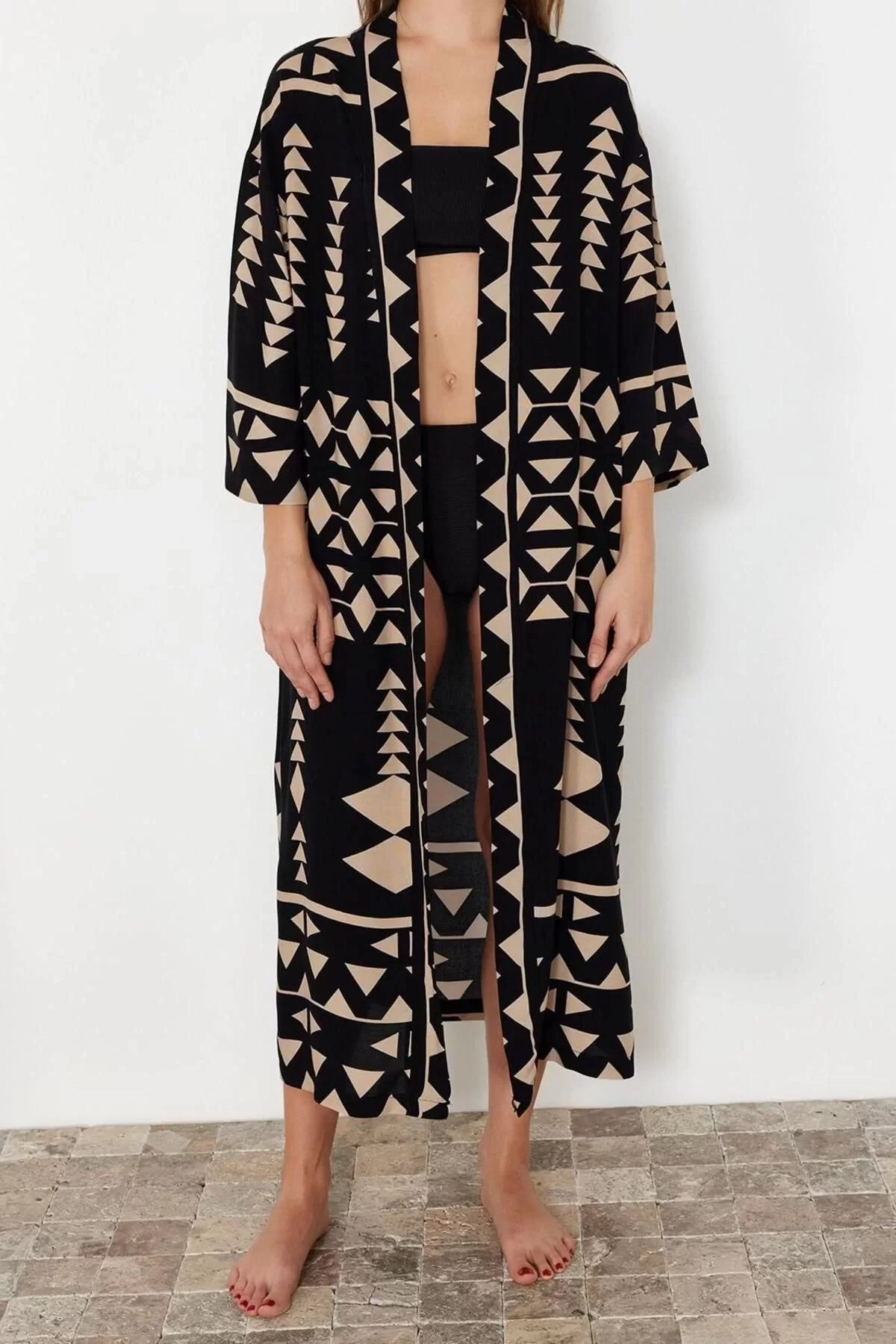 Fashion Woven Regular Pattern Long V Neck Standard Sleeve Shally Basic Geometric Pattern Kimono Kaftan