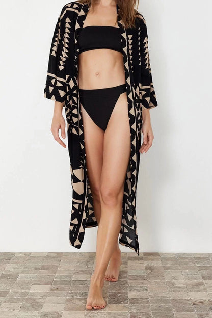 Fashion Woven Regular Pattern Long V Neck Standard Sleeve Shally Basic Geometric Pattern Kimono Kaftan