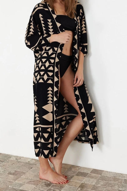 Fashion Woven Regular Pattern Long V Neck Standard Sleeve Shally Basic Geometric Pattern Kimono Kaftan