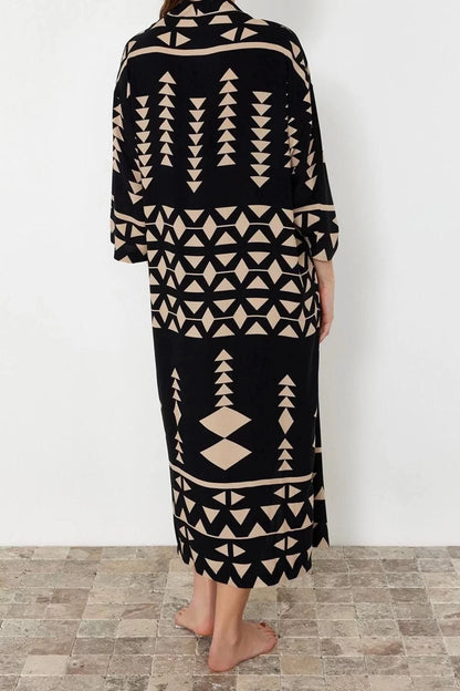 Fashion Woven Regular Pattern Long V Neck Standard Sleeve Shally Basic Geometric Pattern Kimono Kaftan