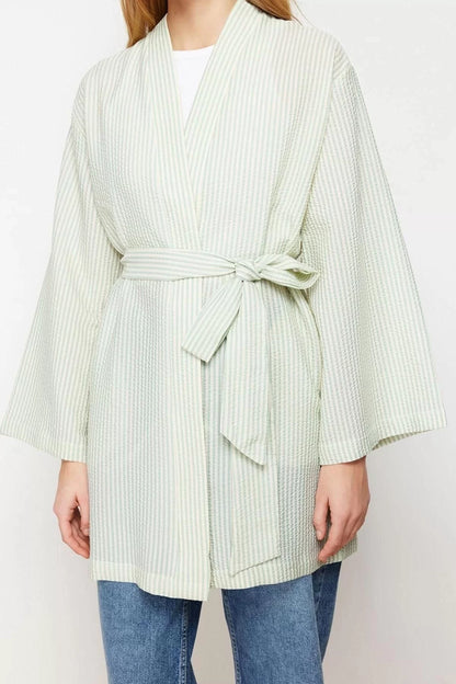 Fashion Woven Comfortable Pattern Midi V Neck Low Sleeve Seersucker Double Breasted Striped Hijab Clothing Kimono Kaftan