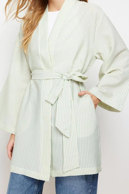 Fashion Woven Comfortable Pattern Midi V Neck Low Sleeve Seersucker Double Breasted Striped Hijab Clothing Kimono Kaftan