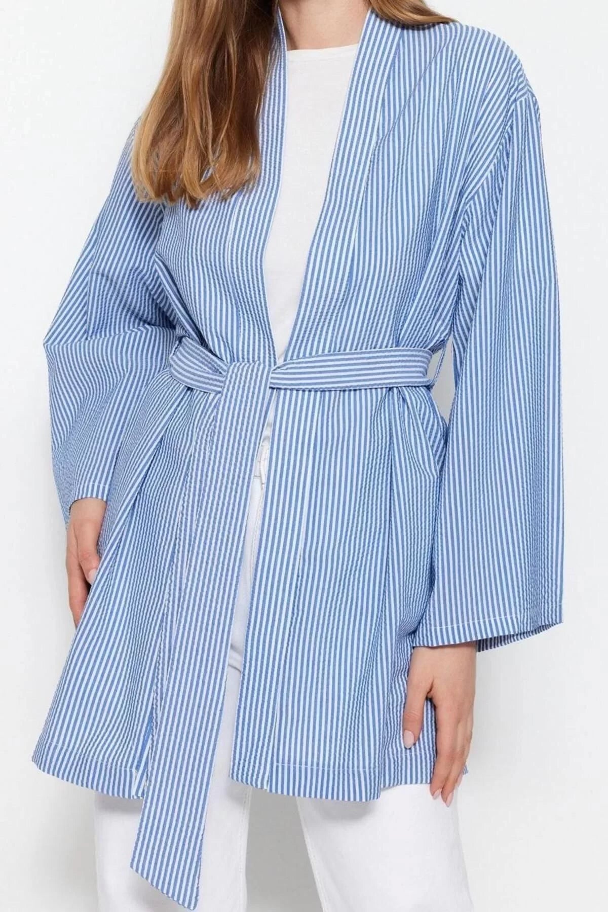 Fashion Woven Comfortable Pattern Midi V Neck Low Sleeve Seersucker Double Breasted Striped Hijab Clothing Kimono Kaftan