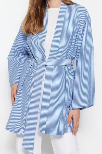 Fashion Woven Comfortable Pattern Midi V Neck Low Sleeve Seersucker Double Breasted Striped Hijab Clothing Kimono Kaftan