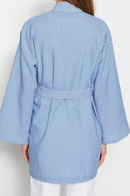 Fashion Woven Comfortable Pattern Midi V Neck Low Sleeve Seersucker Double Breasted Striped Hijab Clothing Kimono Kaftan