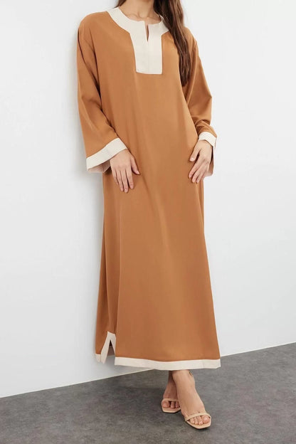 Fashion Woven Casual Maxi V Neck Low Sleeve Satin Basic Color Block Hijab Clothing Kimono Kaftan