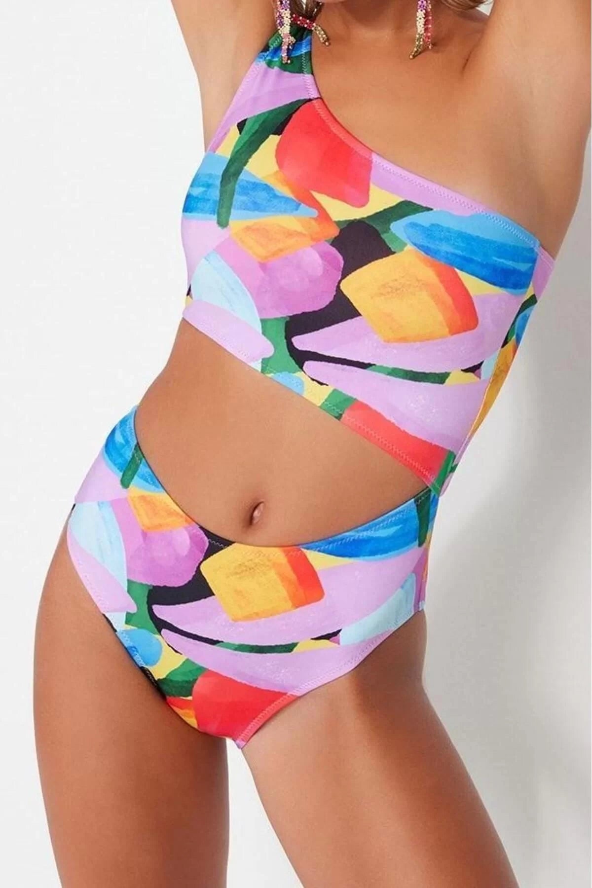 Women Fashion Coverless Strappy Halter Neck Abstract Patterned One Shoulder Regular Swimsuit