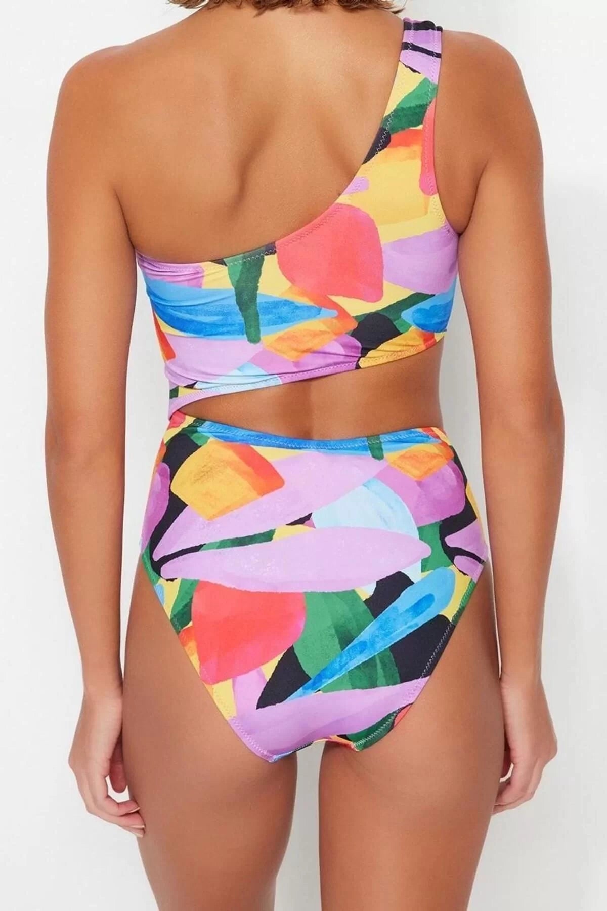 Women Fashion Coverless Strappy Halter Neck Abstract Patterned One Shoulder Regular Swimsuit