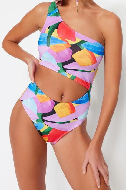 Women Fashion Coverless Strappy Halter Neck Abstract Patterned One Shoulder Regular Swimsuit