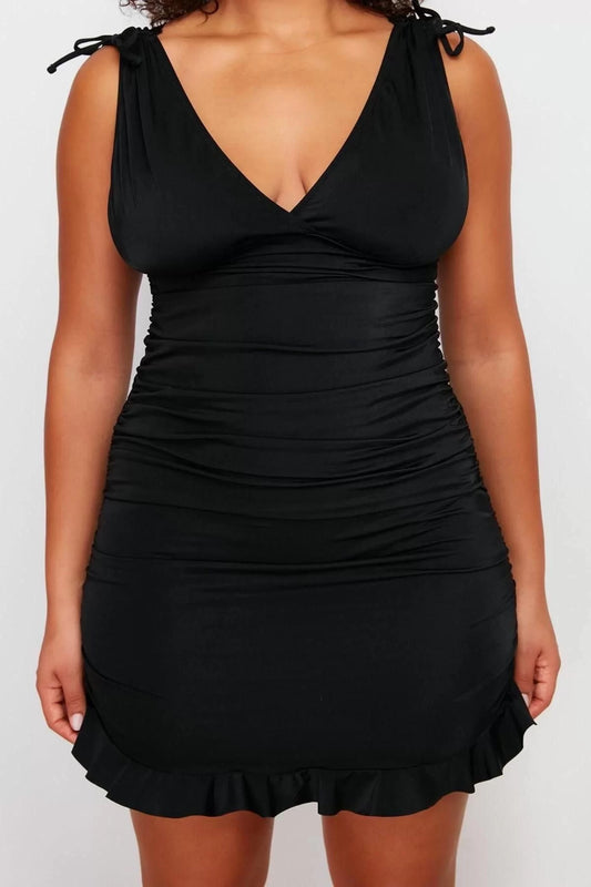 Plus Size Deep V Neck Black Swimsuit with Straps and Double Breasted Collar