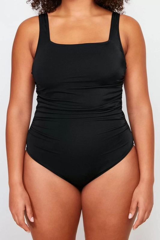 Plus Size Square Neck Black Swimsuit with Straps and a Tank Top