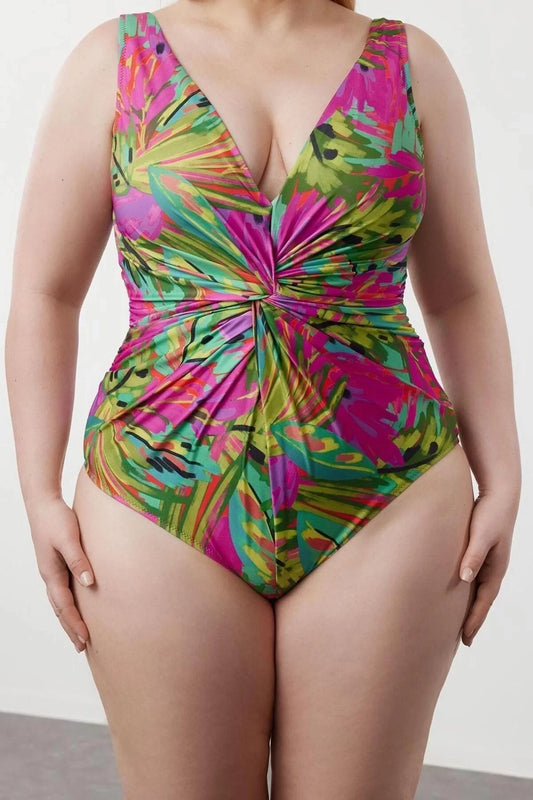 Plus Size Throwback Patterned Sleeveless Deep V Neck Tropical Patterned Knotted Swimsuit