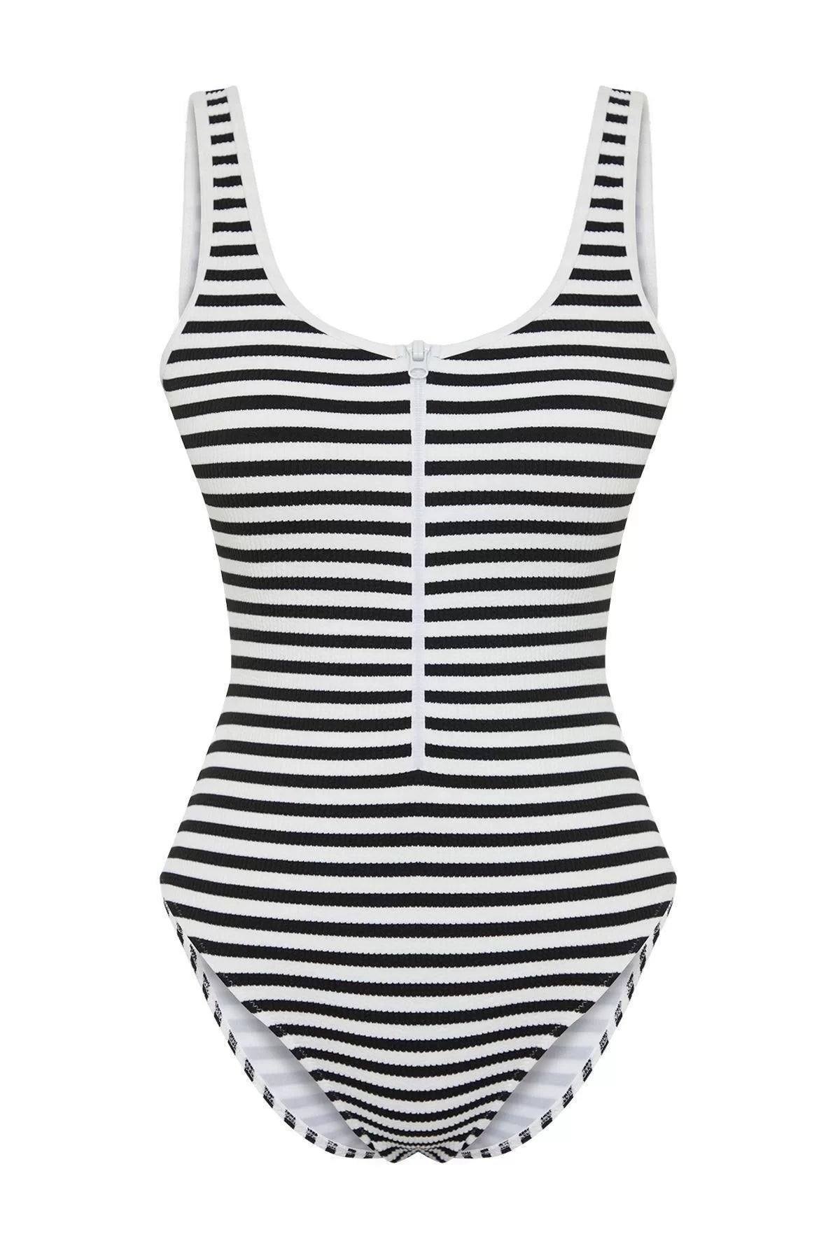 Women Fashion Off Shoulder Strap Brief Collar Black-White Zipper Textured Regular Swimsuit