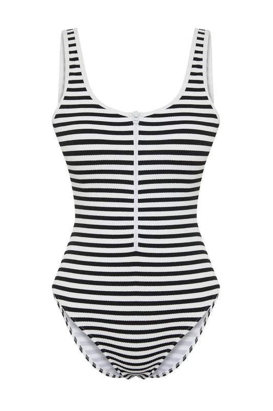 Women Fashion Off Shoulder Strap Brief Collar Black-White Zipper Textured Regular Swimsuit