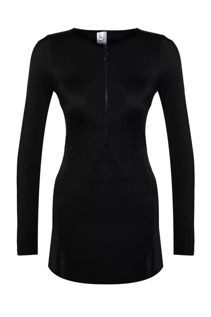 Women Fashion Unlined Long Boxer Collar Black Skirted Long Sleeve Regular Surf Swimsuit