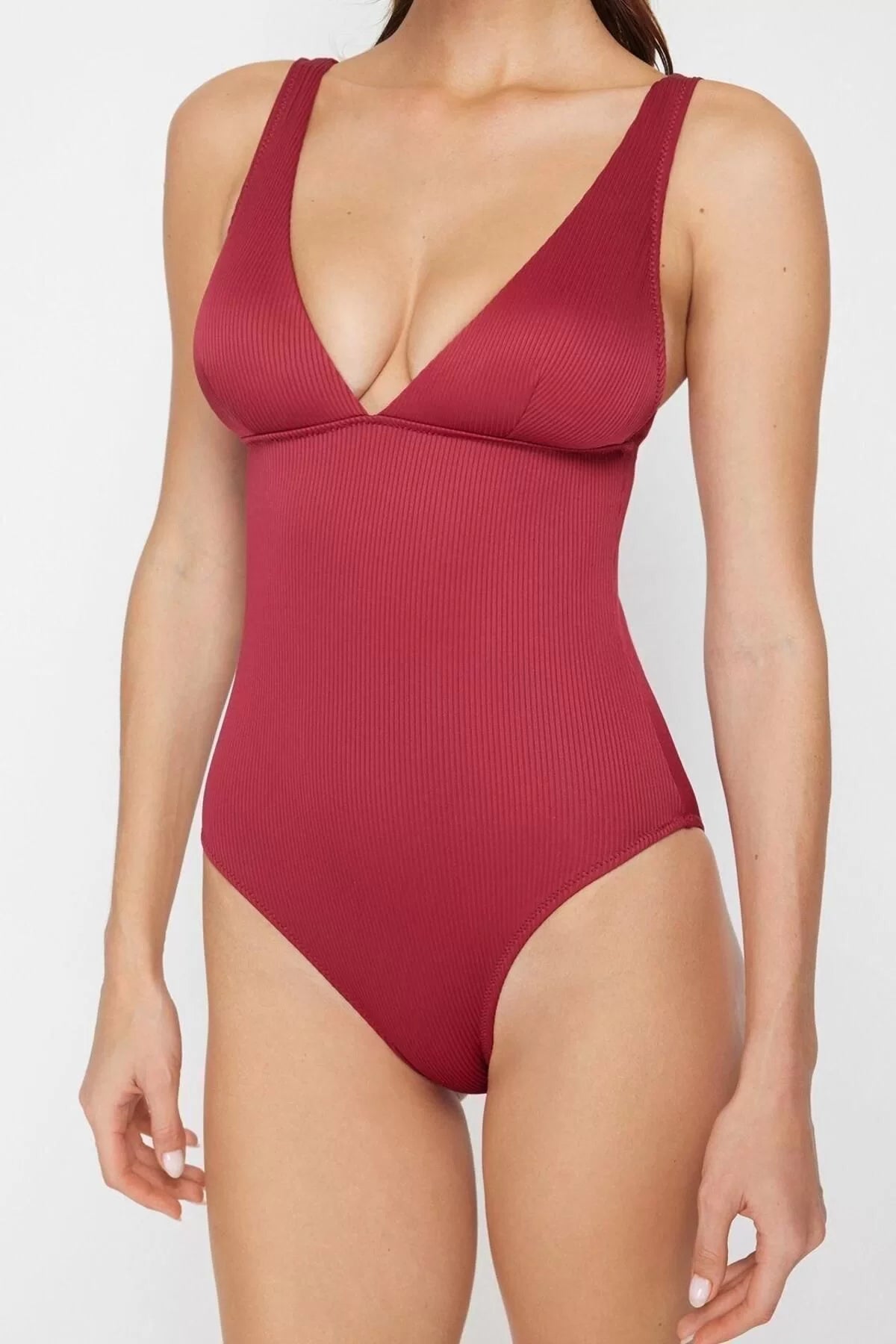 Women Fashion Throw Cap Strap Brief Collar Burgundy Textured Regular Swimsuit