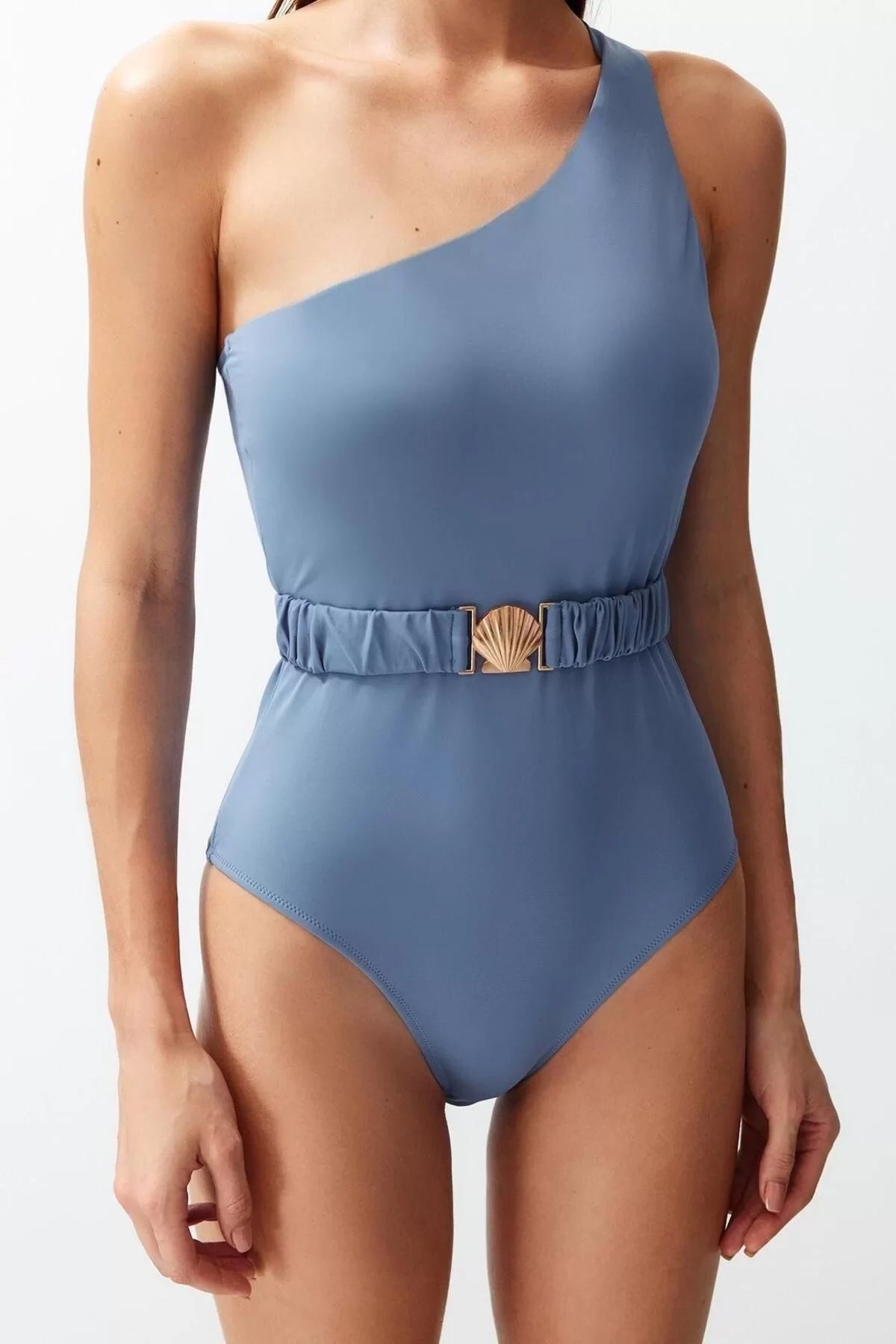 Women Fashion Throw Cap Strap Brief Collar Blue Belted One Shoulder Premium Accessory Regular Swimsuit