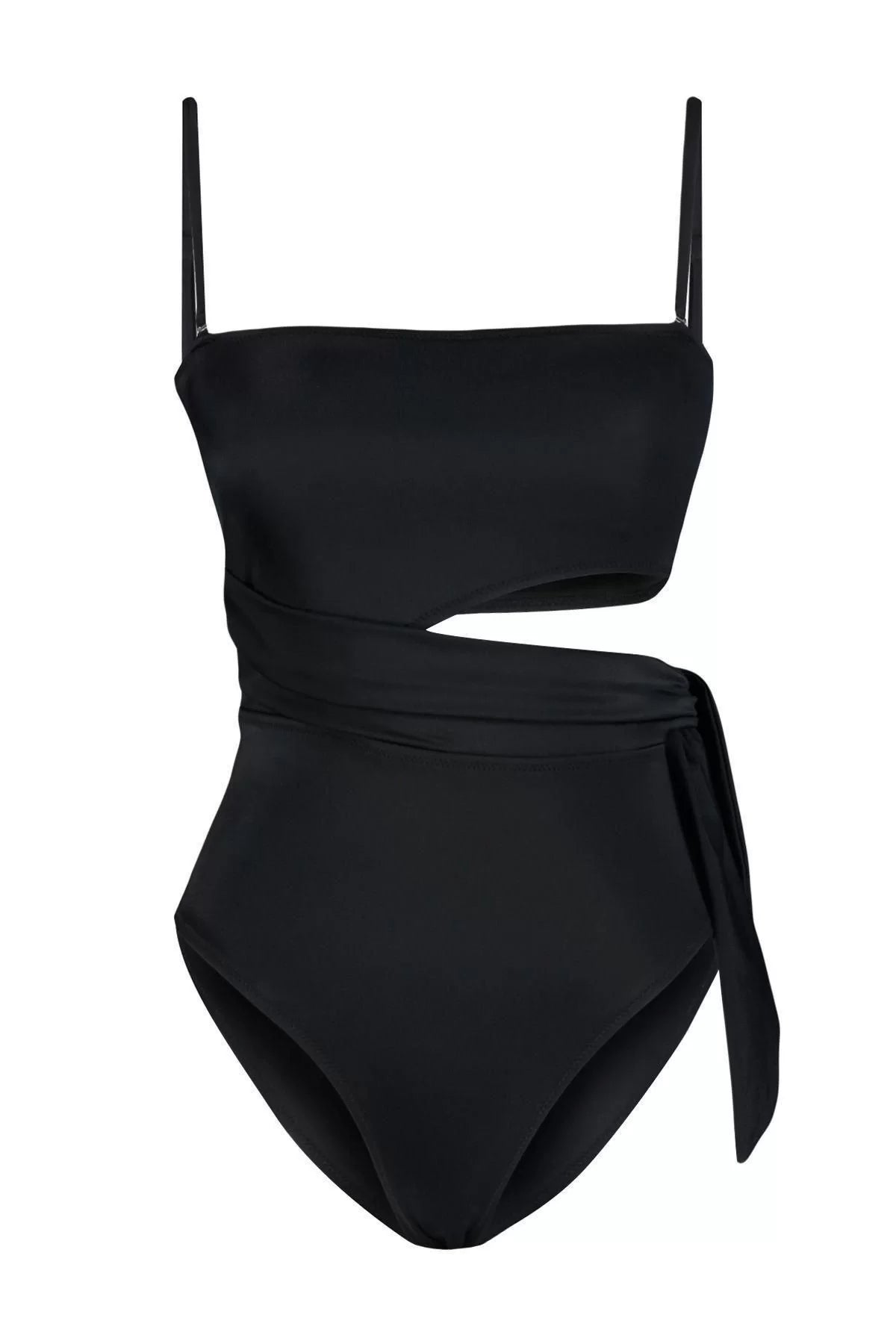 Women Fashion Off Shoulder Strap Brief Collar Black Strapless Cut Out Windowed Regular Swimsuit