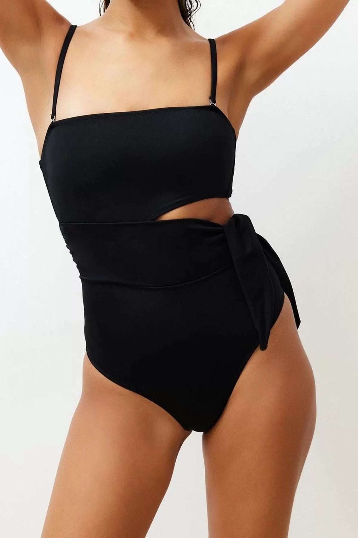 Women Fashion Off Shoulder Strap Brief Collar Black Strapless Cut Out Windowed Regular Swimsuit