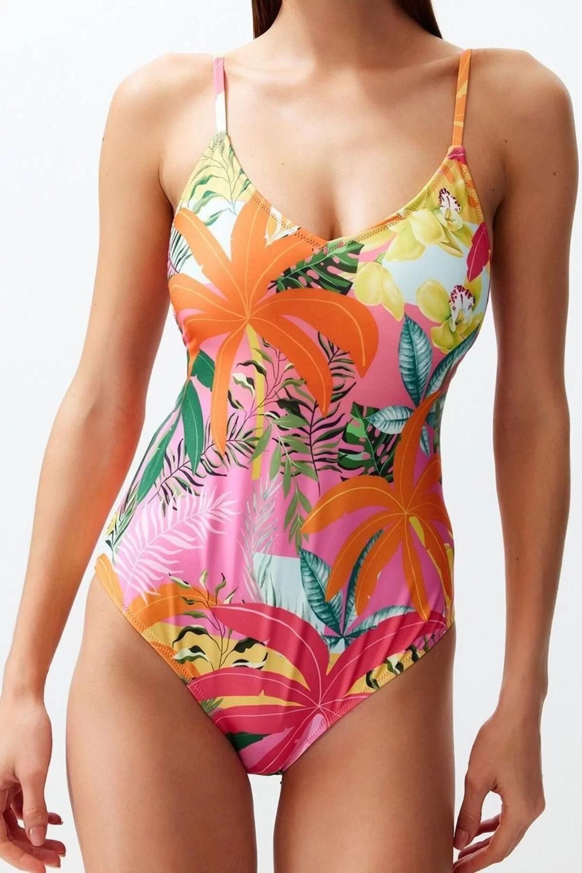 Women Fashion Throw Cap Strap Brief Collar Tropical Patterned Backless Regular Swimsuit