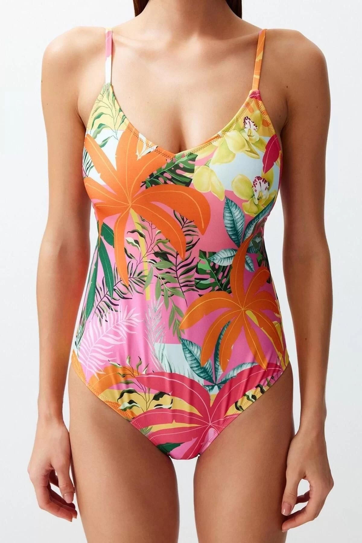 Women Fashion Throw Cap Strap Brief Collar Tropical Patterned Backless Regular Swimsuit