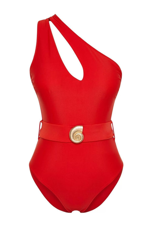 Women Fashion Throw Cap Strap Brief Collar Red Belted One Shoulder Premium Accessory Regular Swimsuit