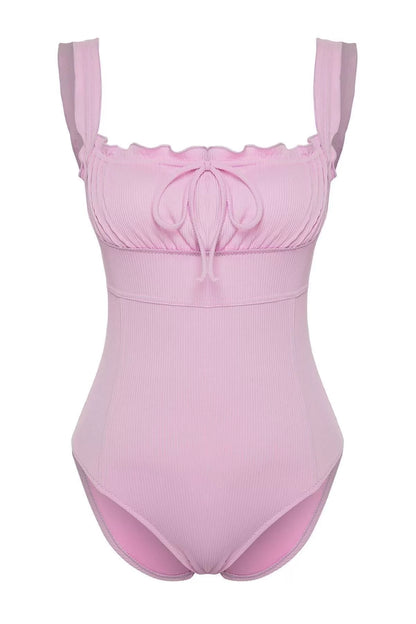 Women Fashion Throwback Cap Strap Hipster Collar Pink Ruffle High Leg Regular Swimsuit